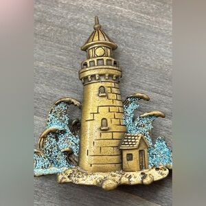 Vintage JJ Marked Lighthouse Brooch with BLue Glitter Waves